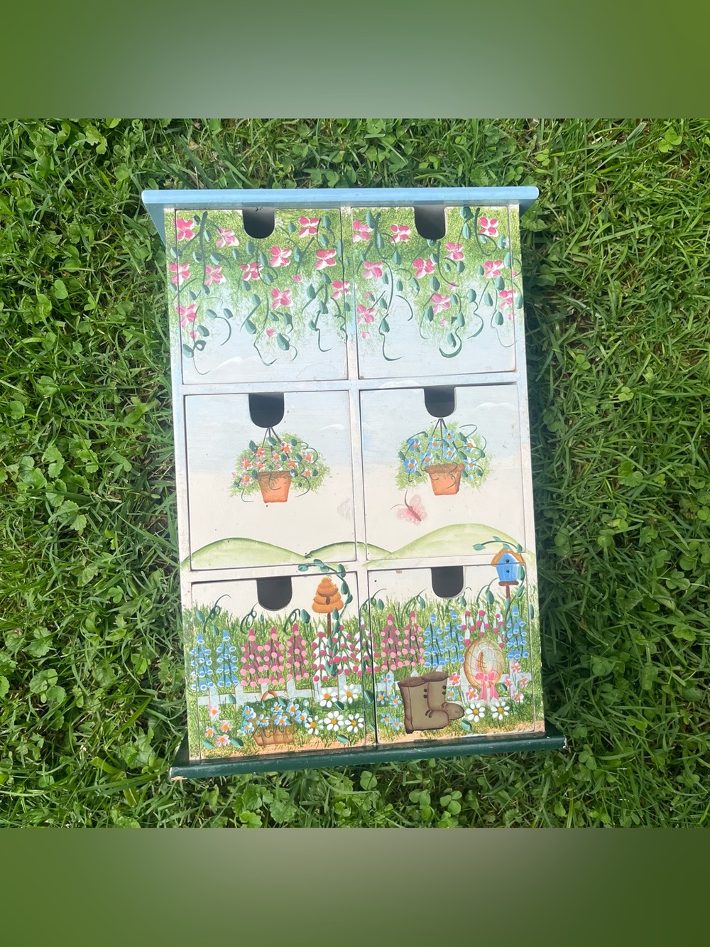 Vintage Hand Painted Wooden 6 Drawer Chest Jewelry BoxCottage Floral Scene Decor